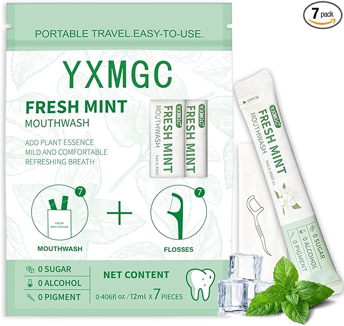 YXMGC Travel Size Mouthwash Packets – Portable, Fresh Breath Anytime, Eliminates Bad Breath, Sugar-Free, Alcohol-Free, 7 Pack × 0.4 Fl Oz