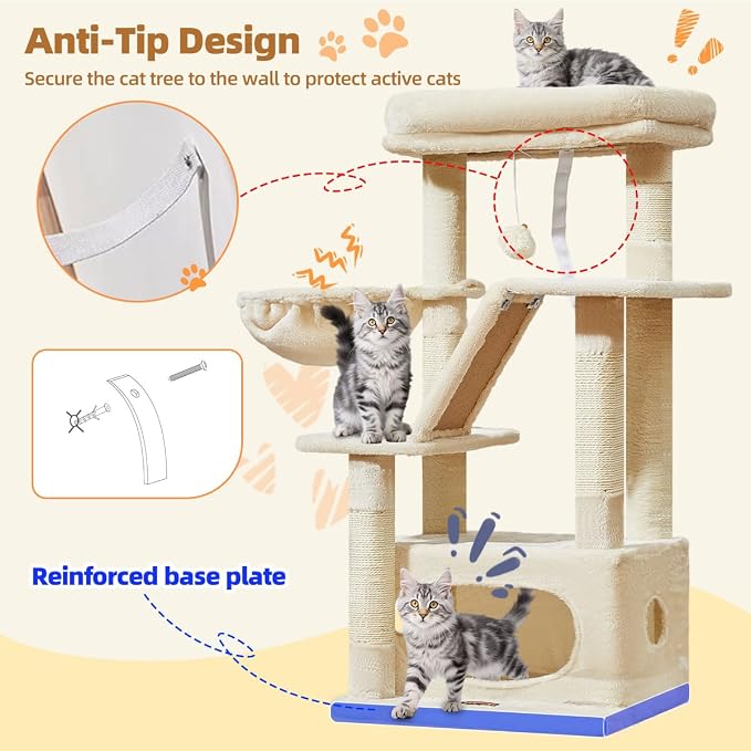 Taoqimiao Cat Tree, 38.5In Cat Tower for Indoor Cats, Suitable for Kittens | Thick Padded Top Perch, Luxurious Cat Condo, Adjustable Basket, 1-Piece Ramp Scratcher, 3 Natural Sisal Posts, Beige, MS029SM