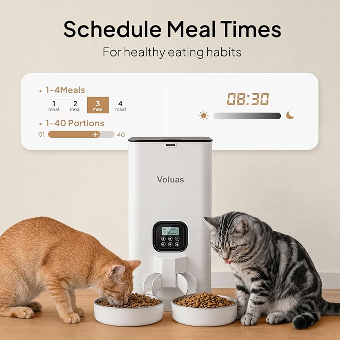 VOLUAS Automatic Cat Feeder for Two Cats with Dual Stainless Bowls, 6L | Programmable Portion Control, Timed Feeding, Memory Function, Dual Stainless Steel Bowls, 10-Second Voice Recorder
