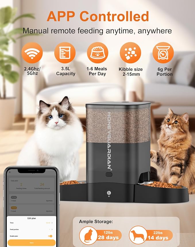 HoneyGuaridan Automatic Cat Feeder for 2 Cats, 2.4/5G WiFi Smart Feed Pet Feeder with Stainless Steel Bowl,APP Control Dispenser, Dual Power Supply,Desiccant Bag,10s Meal Call Black | Pet Feeder with Stainless Steel Bowl,Automatic Cat Food Dispenser,Mu...