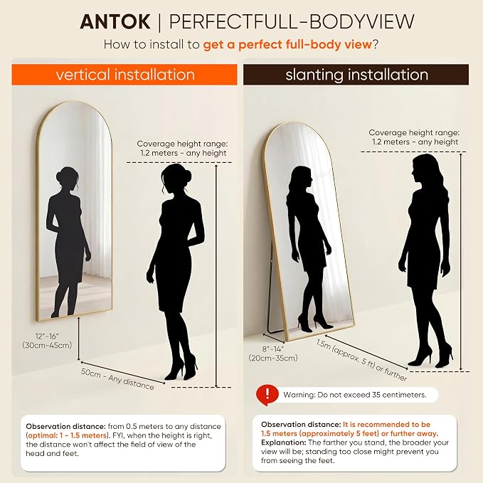 Antok 58" x19” Arched Full Length Floor Mirror, Gold Aluminum Frame, Free Standing/Wall Mount/Leaning for Bedroom, Living Room, Dressing Room