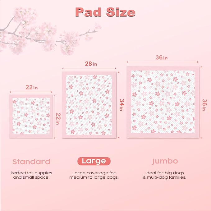 MIZOK Pink Puppy Pads with Adhesive Tabs Disposable No Leak XL 28x34in 40Ct | Cute Cherry Blossom Prints Provide 6 Layer Protection Extra Absorbent Doggy Pads Designed for Clean Daily Indoor Use