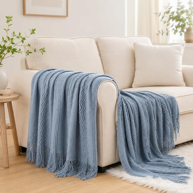 BATTILO HOME Light Blue Throw Blanket for Couch, 50"x60" | Soft Knit Throws with Tassels for Home Decor, Blue Grey Throw Blanket for Bed Sofa