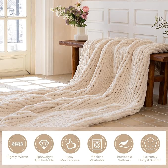 Chunky Knit Blanket - Luxury Soft Cozy 50 * 60 Throw Blanket,100% Woven Blanket Rope Knot Throw Blanket for Couch, Sofa, Home Decor, Gift - Machine Washable (Cream, 50 * 60)