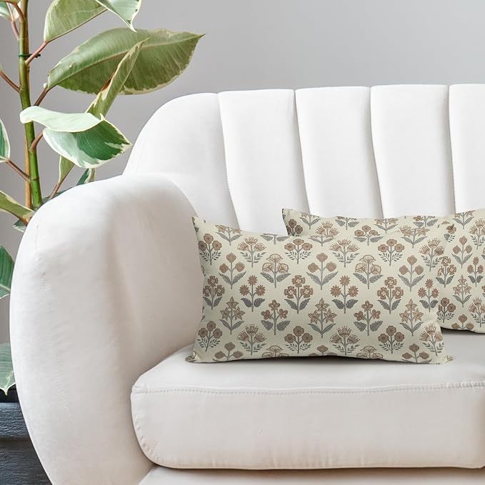 Brown Grey Gray Floral Pillow Covers 12x20 Inch Set of 2, Block Print Lumbar Flower Cream Decorative Throw Pillowcases Outdoor Farmhouse Rectangle Cushion Covers Spring Summer Sofa Couch Bed Decor