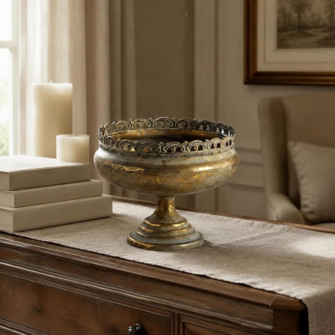 Pedestal Planter Iron Antique Pedestal Planter Distressed Finish Compote Vase for Decorative Display, Floral Arrangements, Short