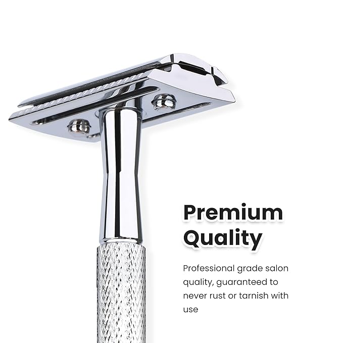 KEROPY Single Blade Safety Razor With 10 Premium Stainless Steel Blades Double Edge Safety Razors For Men, Smooth Wet Shave Experience, Glossy Silver