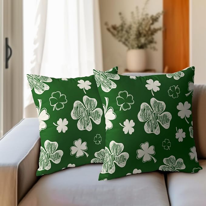 Kawani St Patricks Day Pillow Covers Set of 2, 22x22 Inch Green White Shamrock Lucky Clover Decorative Cotton Linen Throw Pillowcases for Couch Sofa Bedroom Livingroom Holiday Decor