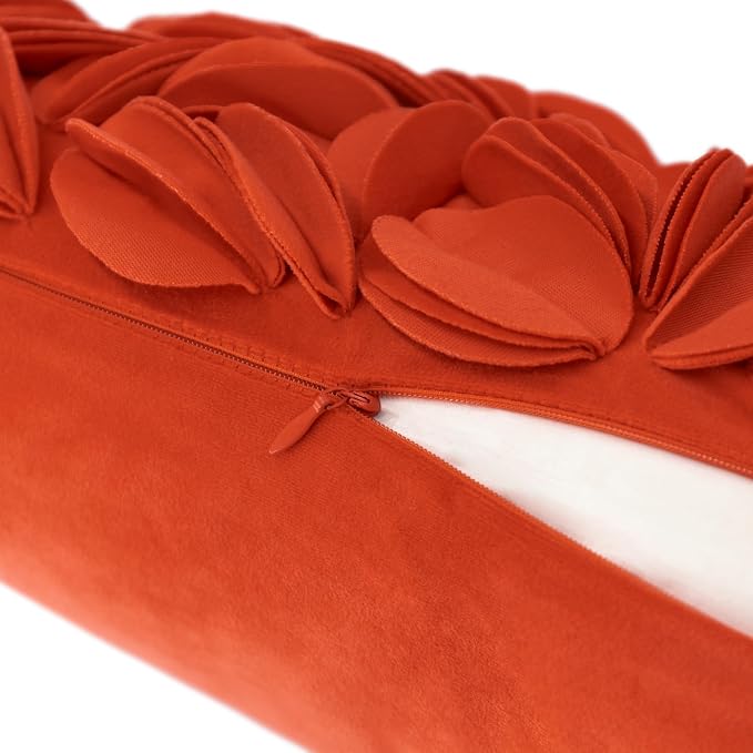 KINGROSE Handmade 3D Floral Throw Pillow Cover, 12x20 Inch, Dark Orange | Solid Flower Cushion Cover, Velvet Decorative Pillowcase, For Bed Living Room Sofa Couch Home