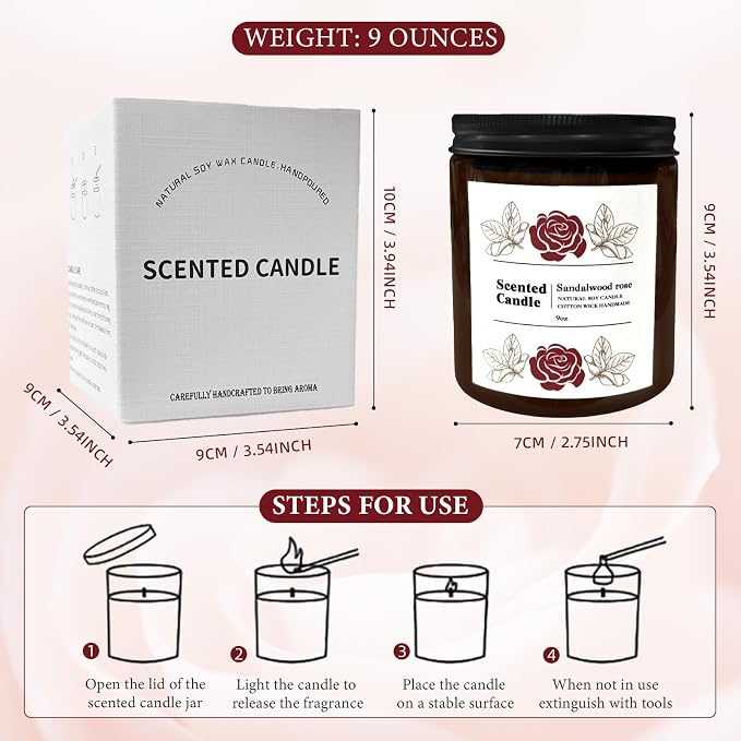 Coniol Natural Sandalwood Rose Scented Candle for Home - Rich & Warm Aromatherapy for Home Relaxation, Holiday Decor & Stress Relief, Premium Soy Wax for Family Coziness