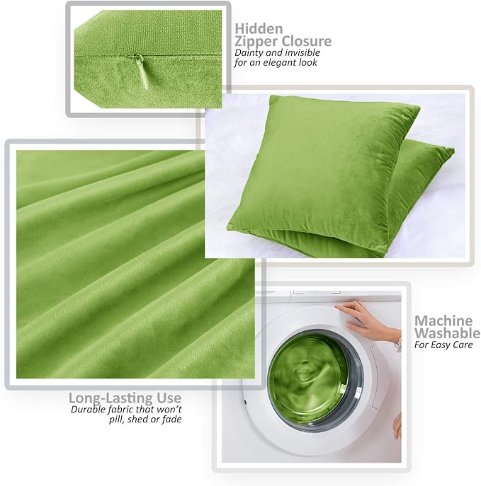Throw Pillow Inserts Pack of 2 with Velvet Soft Solid Decorative Square Throw Pillow Covers Set for Sofa Couch Car Bedroom, 20X20 Throw Pillows Inserts with 18x18 Washable Cushion Covers, Garden Green