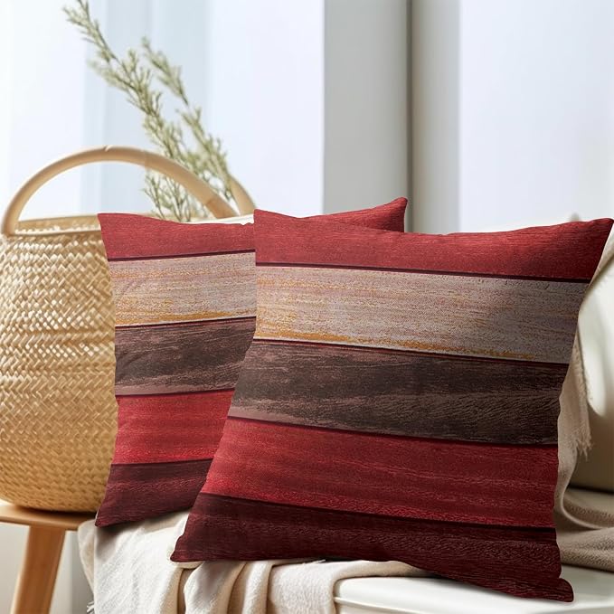 Kawani Red Wooden Throw Pillow Covers 22x22 Inches - 2 PCS Brown Farmhouse Wood Grain Cotton Linen Square Pillow Cushion Case with Hidden Zipper for Bed Couch Bedroom Living Room Decor