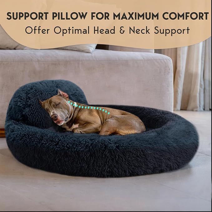 PetJett Dog Beds Large Sized Dog - 36'' Calming Round Bed, Washable Dog Bed - Anti-Slip Super Soft Donut Bed, Fluffy Faux Fur Anti-Anxiety Premium Comfort Pet Bed, Fits Dogs up to 80 lbs - Dark Grey