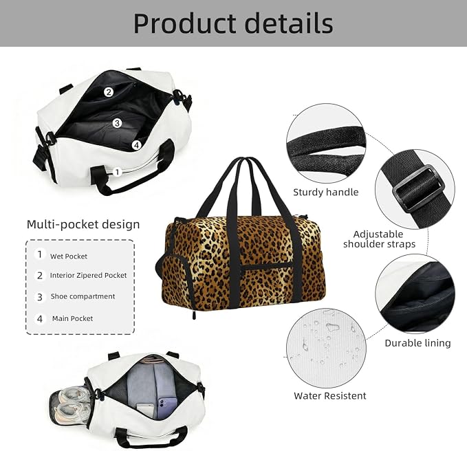 Fiokroo Sports Gym Bag Cheetah Leopard Animal Pattern Travel Duffel Bag For Men Women With Shoe Compartment Water Resistant Gym Bag Carry On Duffel Bag For Weekend Traveling Yoga Gym Sports