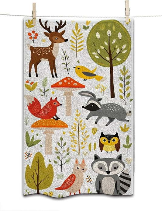 Summer Cute Woodland Animals Hand Towel Trees, Mushrooms and Berries Birthday Face Towels Suit Travel Sports Pool Swimming Bath Camping Spa Gym Yoga,15x30 Inch