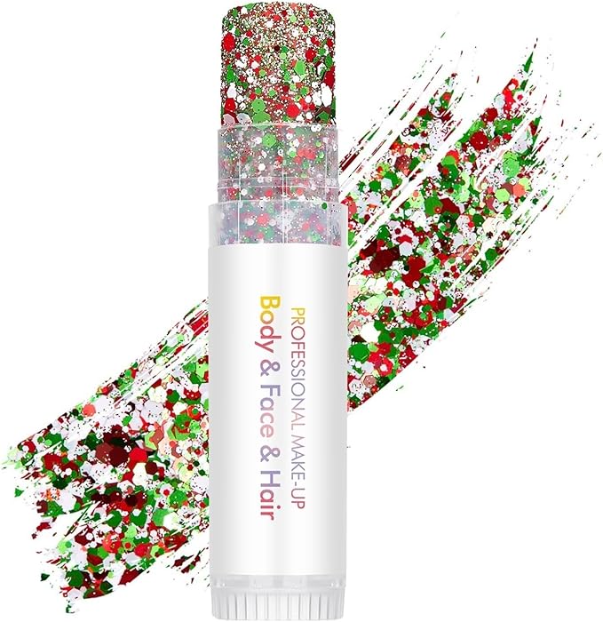 Hair Glitter Stick, Perfect Sparkling Theme Day Neon Outfit Singer Concert Music Rave Festival Party Christmas Accessories Face and Body Glitter Makeup. (Red & Green& White)