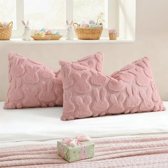 decorUhome Pink Faux Fur Bunny Throw Pillow Covers 12x20 Set of 2 | Plush Soft Wool Jacquard Pink Rabbit Cushion Covers, Modern Farmhouse Easter Holiday Decor PillowCases for Sofa Bed