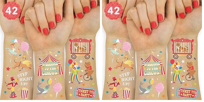 xo, Fetti Circus Party Temporary Tattoos - 42 Gold + Silver Foil Styles | Circus Birthday Party Supplies, Carnival Party Favors, Circus Animals Temp Tats, Clown Arts and Crafts (Pack of 2)
