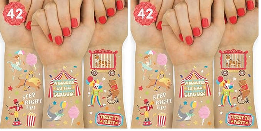 xo, Fetti Circus Party Temporary Tattoos - 42 Gold + Silver Foil Styles | Circus Birthday Party Supplies, Carnival Party Favors, Circus Animals Temp Tats, Clown Arts and Crafts (Pack of 2)