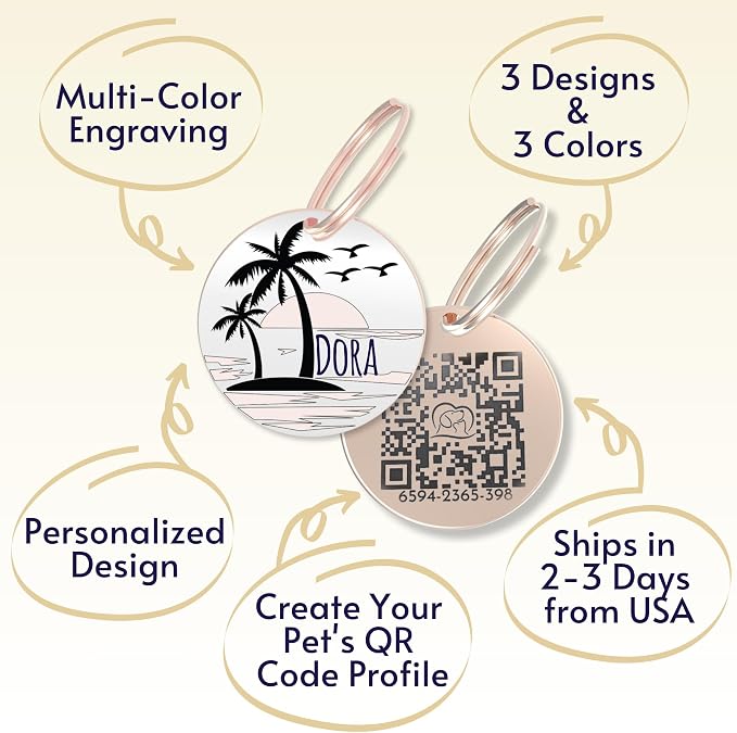 PawFurEver QR Code Dog Tag - Custom Dog Tags/Pet ID Tags for Dogs, Engraved Dog Tag & Pet Tag, Stainless Steel Dog Tags Personalized for Pets (Beach, Rose)