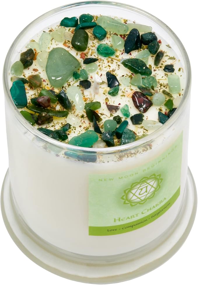 Heart Chakra Candle by New Moon Beginnings - Chakra Candles - Dried Flower, Herb, & Crystal Candles - Aromatherapy Candles - Soy Candle - 12oz Glass Jar