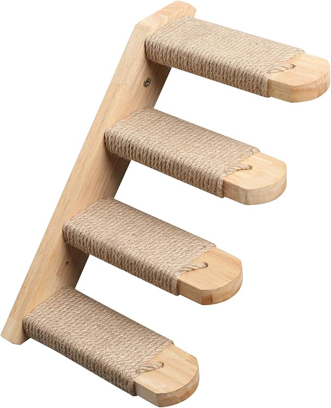 FUKUMARU Cat Climbing Shelf Wall Mounted, Small | Four Step Cat Stair, Natural Jute Scratching, Solid Rubber Wood, Kitten Shelves Furniture