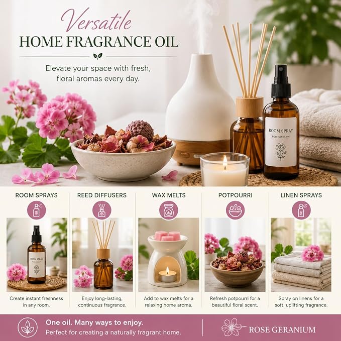 GreenHealth Rose Geranium Essential Oil 15 mL – Sweet Floral Aromatherapy Diffuser Oil, Undiluted Essential Oil for DIY Candles, Soap Making & Home Fragrance