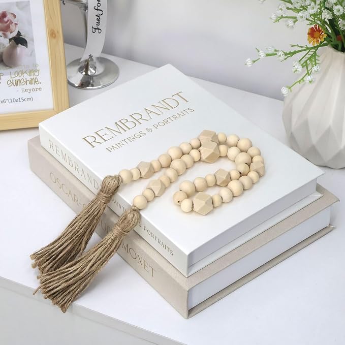 Decorative Books for Home Decor, Coffee Table Books Decor, 2 Linen Faux/Fake Books with Beads for Farmhouse Decor, Bookself, Mordern Room Decor Aesthetic