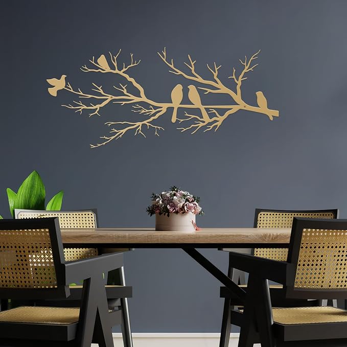 ESTART Metal Birds Wall Art, Metal Vivid Birds on Branch Silhouette Wall Decor Gold Leaves with Bird Outdoor Hanging Wall Sculpture for Home Living room Bedroom Balcony Garden (Gold, Large)