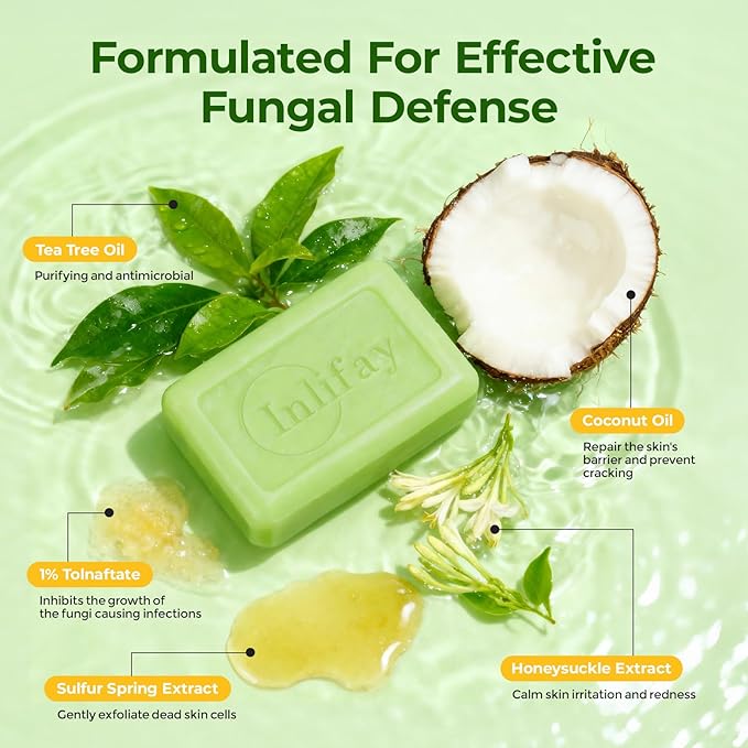 Inlifay Antifungal Soap Bar for Men: Anti Fungal Skin Soap for Athlete's Foot, Jock Itch, Ringworm - Tea Tree Fungus Soap for Active People Daily Body Cleansing | 2 Bars (1 Pack)