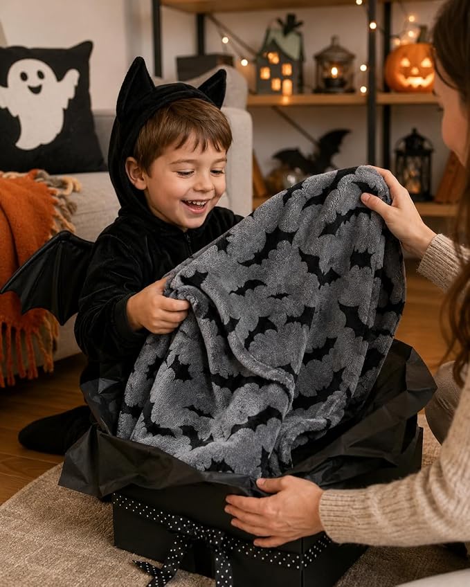Halloween Fleece Throw Blanket, Black Bats on Gray, 50"x70" Oversized | Ultra-soft cozy flannel fleece, for sofa couch bed chair & dorms, spooky Halloween décor, durable and machine washable.