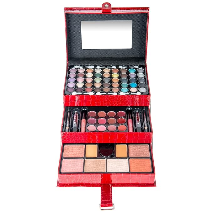 SHANY All In One Makeup Set, 67 Colors Eyeshadow, Blushes, Face Powder, Lipstick, Eye liners, Make up Pencils and Cosmetics Mirror - Makeup Kit With Reusable Beauty Organizer Train Case - Red