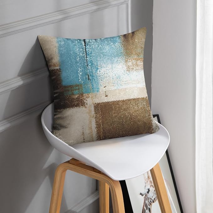 Throw Pillow Covers Set of 2, 16 x 16 Inch, Blue Beige Brown | Abstract Modern Art Outdoor Decorative Square Pillow Cases Couch Cushion Case for Couch Bed Sofa Living Room Home Decor