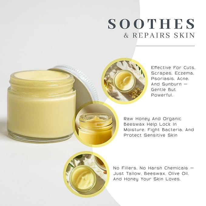 Vanman's Tallow and Honey Balm With No Added Scent (3 Pack) - Beef Tallow Face Moisturizer with Grass-Fed/Finished Beef Tallow for Skin, Organic Raw Honey and Beeswax, Cold Pressed Olive Oil - 2 oz