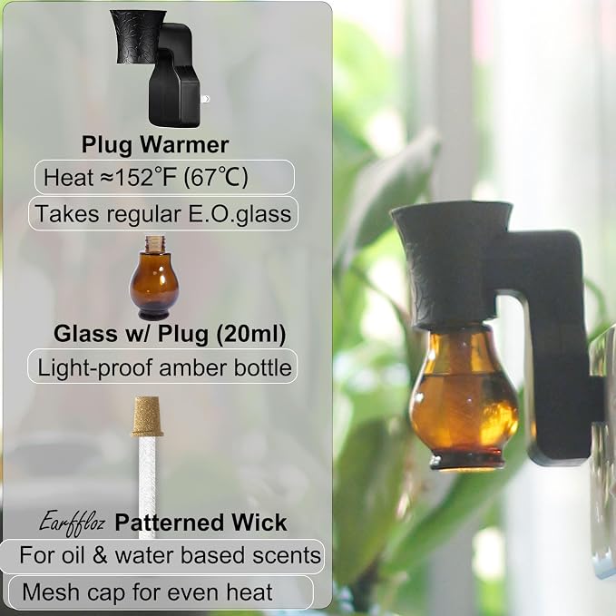 Plug in Oil Diffuser, Blank for DIY Air Freshener Make Unique Home Scent Aromatherapy, Work with Essential Oil, EO+Water, Fragrance Refill for Plugins (Black Warmer + Glass + Wick)