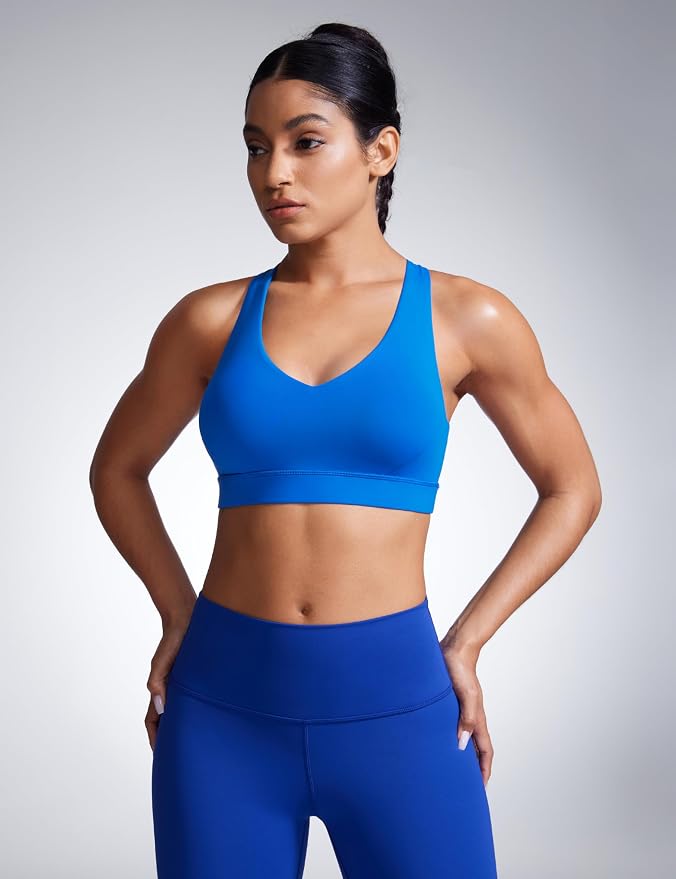 CRZ YOGA Butterbreeze Criss Cross Back Sports Bras for Women - V Neck Adjustable Straps Padded Workout Training Crop Top