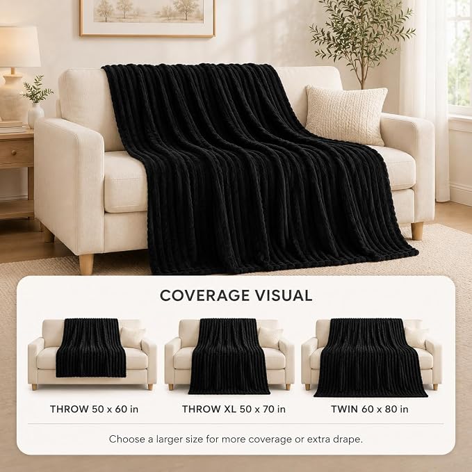 HIMEET Black Twin Blanket for Bed, 300GSM Ribbed Fleece, 60 x 80 Inches | Ultra Soft Flannel, All-Season Lightweight Warmth, Bed Layering Pick & Dorm Essential, Gift for Men & Women, Machine Washable
