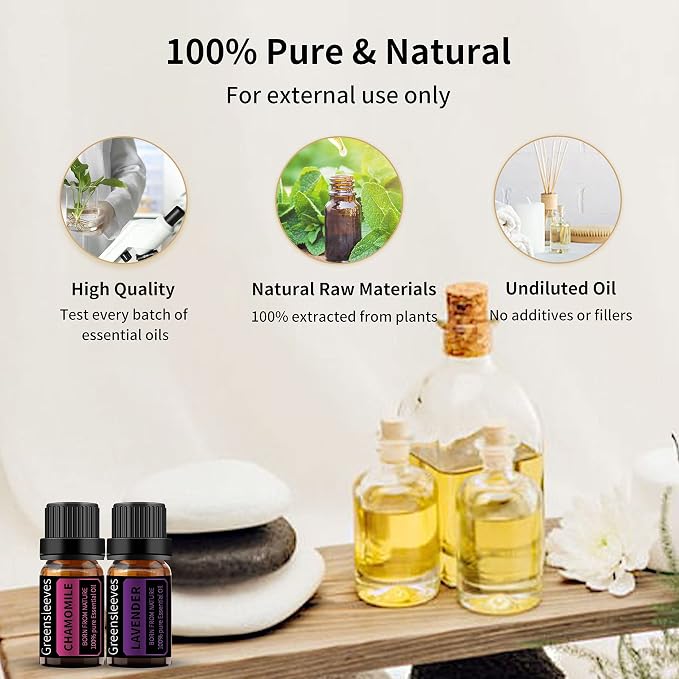 GREENSLEEVES Chamomile Lavender Essential Oil Set, 2 x 10ml Pure Plant-Based Fragrance Oil for Aromatherapy, Essential Oils for Diffuser, Massage, Bath Bomb, Scented Candle Soap Making