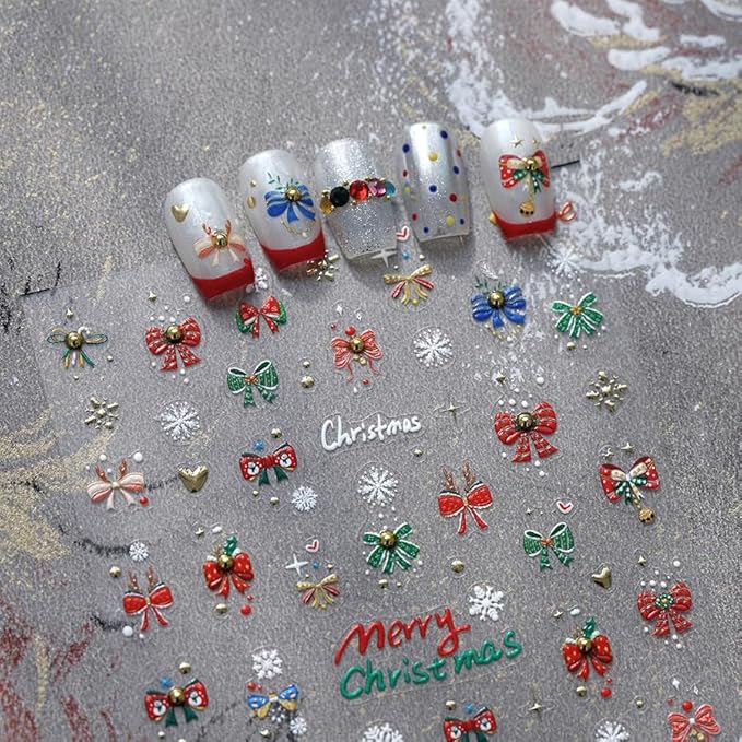 Christmas Nail Stickers for Nail Art, 5D Embossed Self-Adhesive Bow Snowflake Nail Decals, Nail Supplies Nail Art Design Accessories for Women and Girls Manicure DIY Decoration