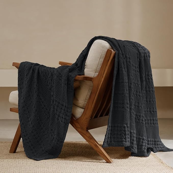 PHF 100% Cotton Waffle Weave Throw Blanket, Lightweight Breathable Summer Blanket for Couch Sofa, Pre-Washed Soft Throws for Bed, Office, Travel & Stylish Home Decor, 50"x60", Black
