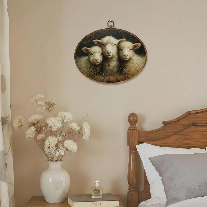 LKETW Vintage Sheep Oval Wall Art Decor, Neutral Cottagecore Lamb Oval Canvas Hanging Decor, Rustic Farmhouse Animal Wall Decorations For Home Living Room Farmhouse Gallery, 11.4x8.6 Inch