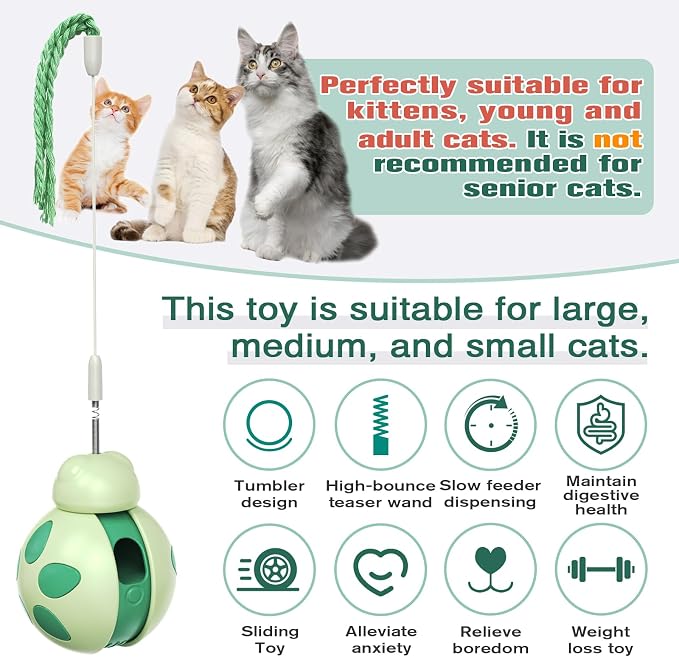 Cat Treat Dispenser Tumbler Food Toy Cat Slow Feed Ball Wand Teaser (Green)