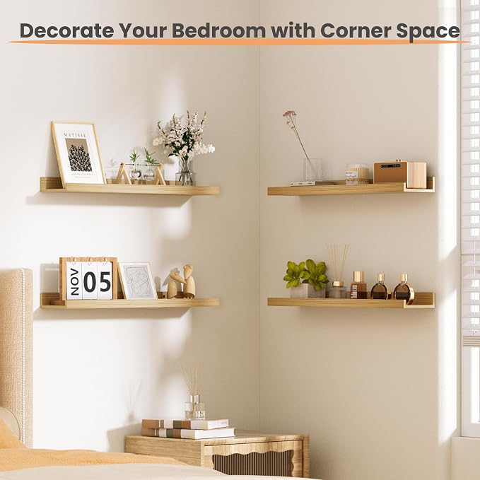 upsimples Floating Shelves for Wall Decor Storage, Natural, 6Pcs, 23.6'' | Wall Mounted Wood Shelves for Living Room, Bedroom, Bathroom, Kitchen, Office, Nursery Room, Coffee Bar Display and Organize