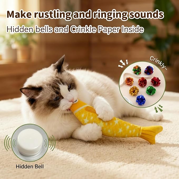 Cat Toys for Indoor Cats, Fish-Shaped Pillow, 2 Pack Yellow + Purple