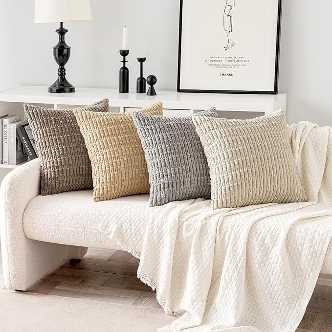 MIULEE Pack of 4 Neutral Decorative Throw Pillow Covers 20x20 Inch for Couch Sofa Living Room Bed Rustic Farmhouse Boho Corduroy Soft Striped Pillow Covers Home Decor | Boho Farmhouse Modern Retro Soft Striped Pillow Covers,Home Decor for Sofa Living R...