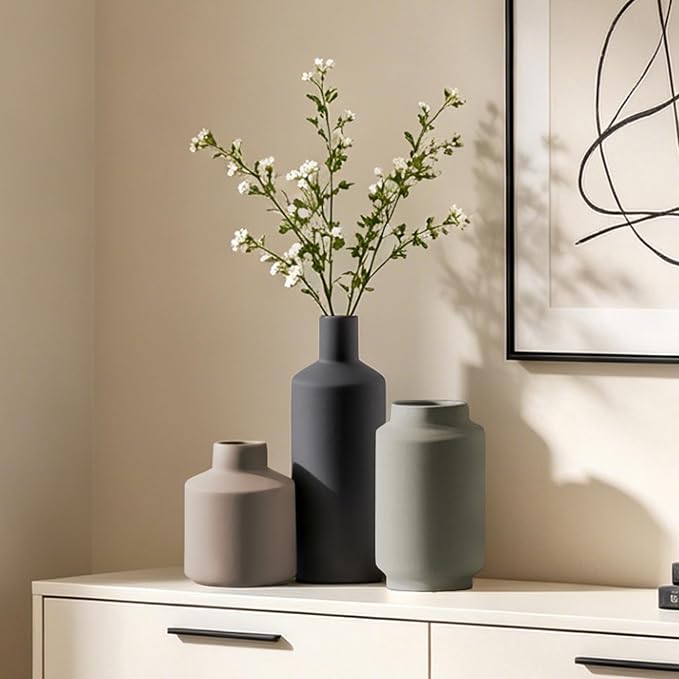 Ceramic Vase Set of 3, Modern Decorative Vases for Home Decor, Small Flower Pottery Vase Sets, Boho Farmhouse Rustic Vases for Living Room, Kitchen, Bedroom, Bathroom, Shelf, Table