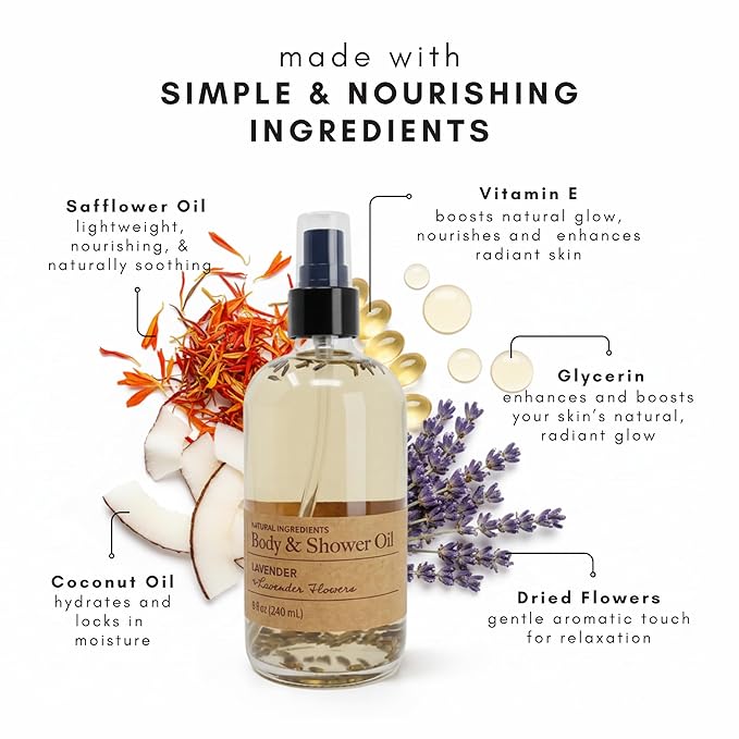 Olivia Care Body Oil Shower Oil Vegan & Natural | Hydrating & Moisturizing - Infused with VITAMIN E, K & Omega Fatty Acids - Refreshing Fragrance - Reduce Dry Skin (Lavender)