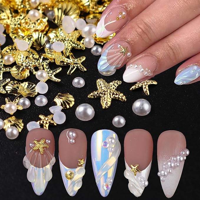 Summer Nail Charms, Ocean Style Starfish Scallop Half-Round Pearl Mixed Mini Nail Jewelry Gold Nail Rhinestones Pearls Ocean Theme Designs Metallic Slice DIY Manicure Nail Parts Y2K for Nails