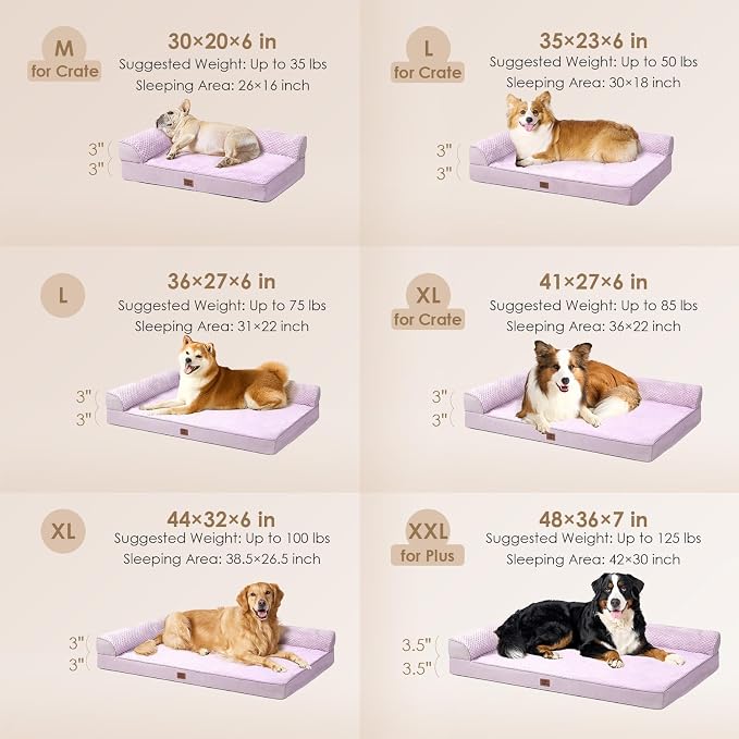 EHEYCIGA Memory Foam Dog Bed, Large Orthopedic Dog Bed, Lilac | Washable Removable Cover, Waterproof Flat Pet Sofa Couch with Nonskid Bottom, 44x32x6.5