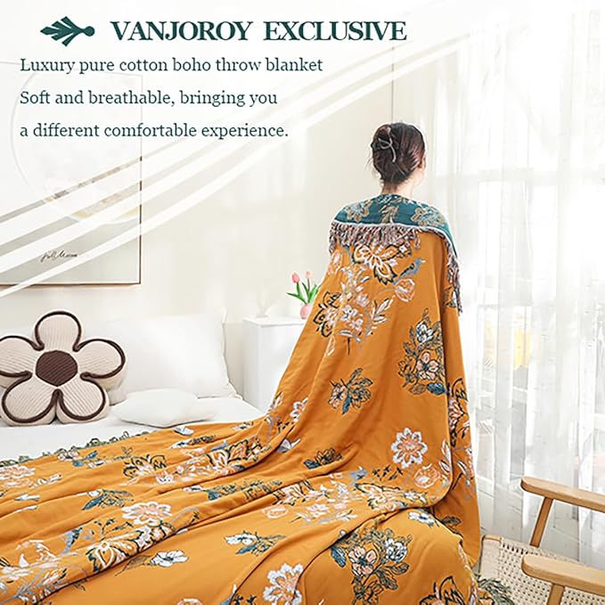 VANJOROY Boho Large Throw Blanket, 100% Organic Cotton Breathable Soft Bed Throw - Floral Bird Farmhouse Decor Blanket for Sofa Couch Chair Quilt and Gift. (Flower-Art, 80" x 90")
